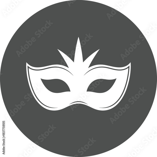 A striking black and white circular icon depicts a classic masquerade mask suggesting mystery disguise and perhaps a festive event or celebration high quality