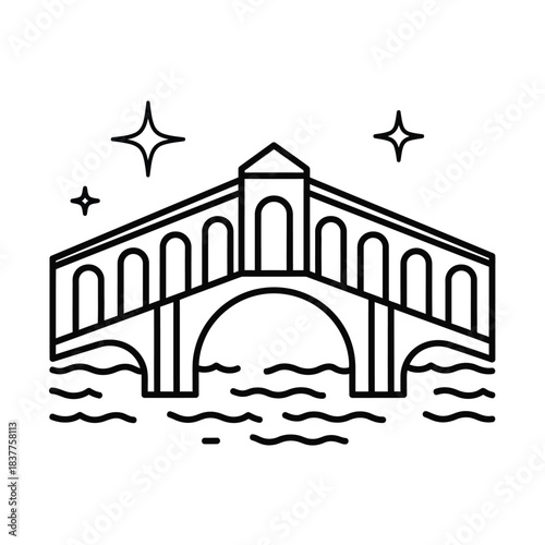 a minimalist line drawing depicts a quaint bridge over water complemented by simple star and sparkle graphic elements evoking a serene atmosphere high quality