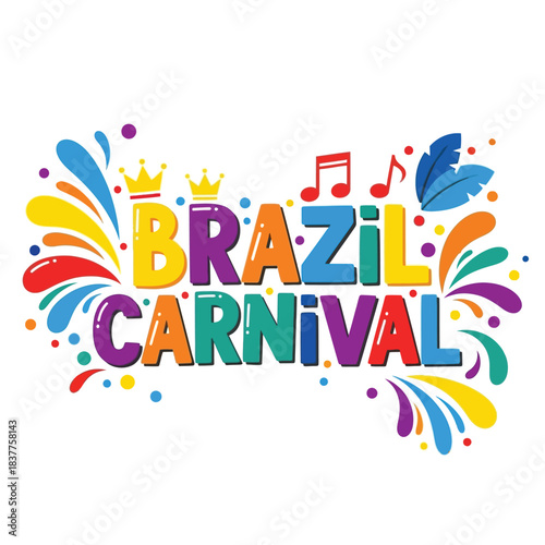 A vibrant and colorful illustration showcasing the word brazil carnival surrounded by festive elements like confetti musical notes and tropical leaves high quality professional