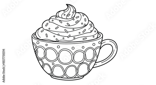 A festive coloring page illustration of a cozy mug filled with hot chocolate, topped with whipped cream and sprinkles, ready for coloring.