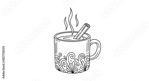 A cozy, hand-drawn illustration of a steaming mug of hot cider with a cinnamon stick, featuring an intricate floral doodle pattern.