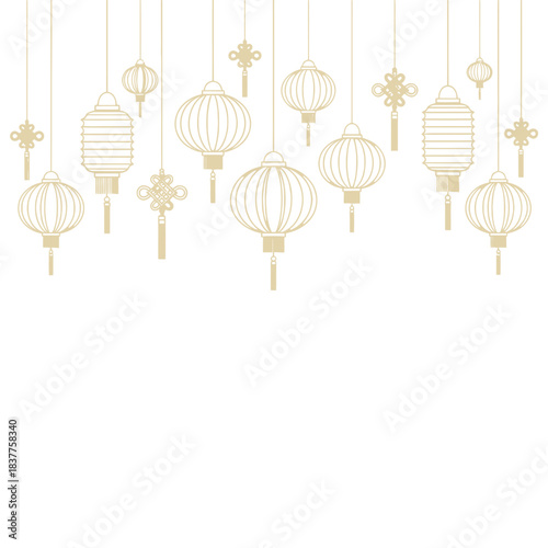 a delicate arrangement of golden chinese lanterns and auspicious knot ornaments suspended from above creating a festive background for celebrations high quality professional detailed