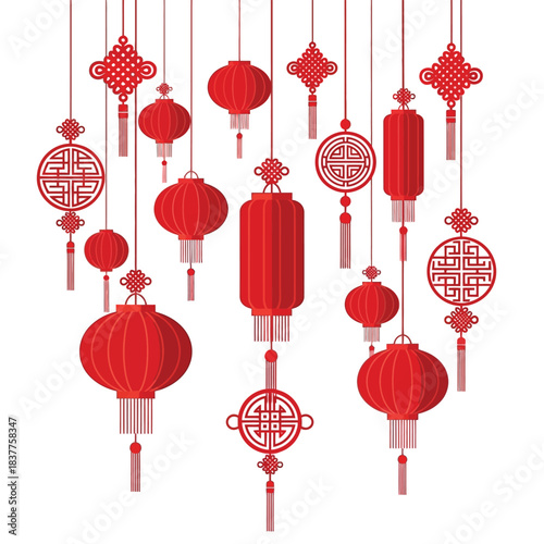 A vibrant display of traditional chinese lanterns and decorative knots hangs suspended creating an atmosphere of celebration and cultural richness high quality professional detailed