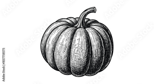 A detailed, hand-drawn black and white illustration of a whole pumpkin, rendered in a classic vintage engraving or ink sketch style.