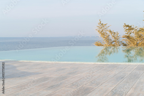 A stunning infinity pool stretches out towards the sea, creating a breathtaking view of tranquil waters. Front view, focus on the foreground.