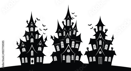 A spooky black silhouette of three different haunted houses with bats flying around them, perfect for a Halloween night scene.