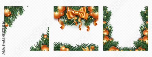 Christmas corner wreath frames with pine branches, golden ornaments and festive ribbon. Decorative evergreen borders with baubles, bow and spruce twigs - xmas holiday corner design elements.