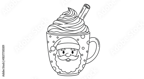 A festive Christmas coloring page featuring a mug of hot chocolate with a cute Santa Claus face, whipped cream, and a cinnamon stick.
