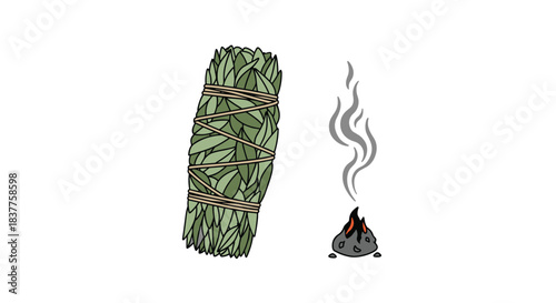A simple cartoon illustration showing a bundle of sage tied with string and a small piece of burning charcoal emitting smoke.