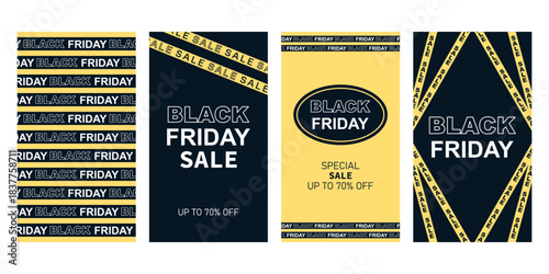 Black Friday Sale. Set of 4 vertical web banners for smartphones Instagram stories. Black and yellow. Barrier tape with inscriptions. Vector illustration. Template, layout, poster and banner for sales