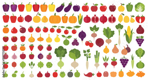 A large and colorful set of flat design icons featuring a wide variety of fresh fruits and vegetables on a white background.
