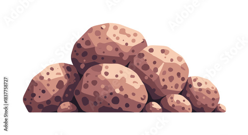 A stylized flat illustration of a pile of brown, porous rocks or asteroids, isolated on a clean white background for design use.