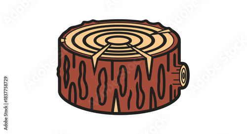 A simple cartoon illustration of a cut log or tree stump showing annual rings, bark texture, and cracks on a white background.