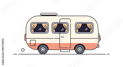 A cute and retro-styled cartoon illustration of a moving camper van or travel trailer in pastel colors, isolated on a white background.