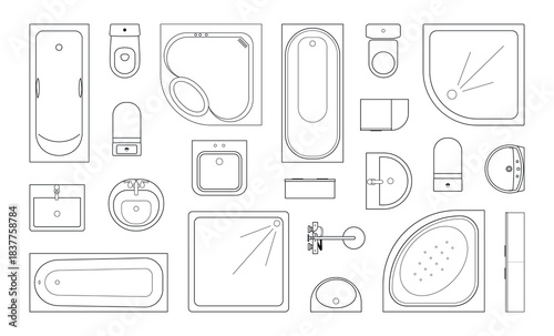 CAD drawings. View from above. Bathroom, toilet, sink, closet, shower tray, Jacuzzi, plan. The shower cabin. Set