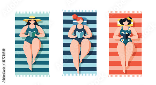 A colorful top-down illustration of three diverse women in swimsuits, relaxing and reading books on striped beach towels.