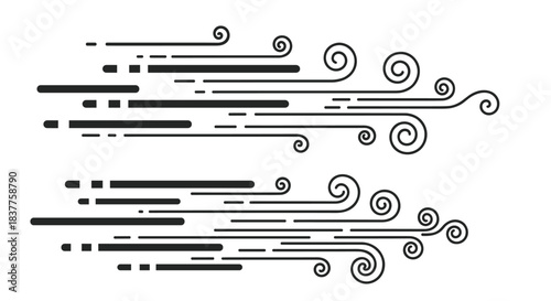 A set of two abstract black line icons representing wind, air flow, or speed, with straight lines transforming into elegant swirls.