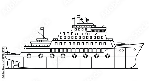 A detailed black and white outline illustration of a large passenger ship or cruise liner, shown from a side profile view.