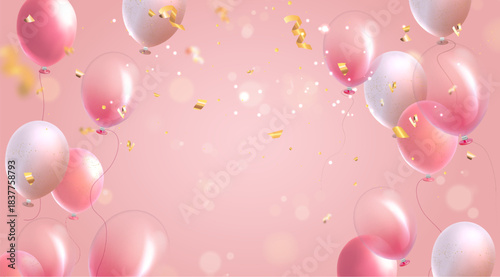 Pink birthday balloons with gold confetti and ribbons on festive celebration backdrop. Elegant 3D party design with realistic balloon bunches, golden streamers and gift elements for greeting cards.