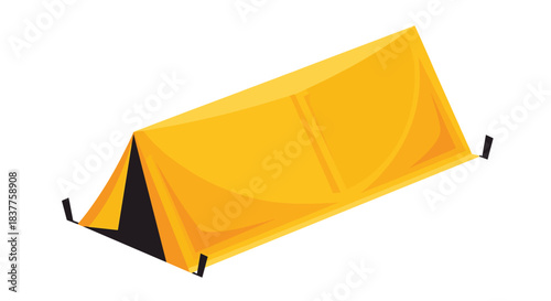 A simple and bright flat illustration of a yellow triangular tent set up for camping, viewed from an isometric perspective.