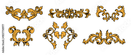 Baroque flourish ornaments set isolated on white background. Vector illustration of fancy Victorian frame or corner design elements, vintage divider with filigree floral curls and scrolls, sketch art
