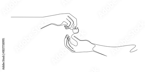 Continuous line drawing of a hand giving a coin to another hand.
One line drawing symbolizing generosity, charity, financial help, support, and the act of sharing in a simple and elegant minimal style
