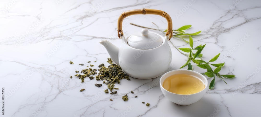 Fototapeta premium The Teapot and Cup with Loose Leaf Green Tea on Marble Surface