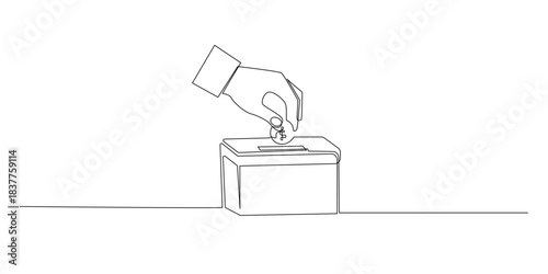 Continuous line drawing of a hand putting a coin into a charity donation box.One line drawing illustrating the act of giving, kindness, generosity, and supporting social or humanitarian causes.