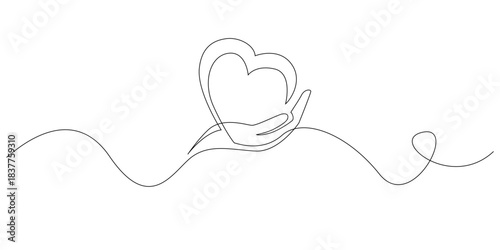 Continuous line drawing of a hand gently holding a heart.
One line drawing symbolizing love, compassion, kindness, care, support, and emotional warmth in a soft, minimalist style.