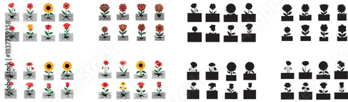 Colorful flowers and plants set with transparent background