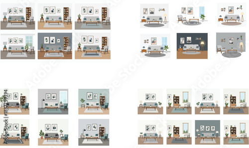 Living room interior layouts with furniture and decor