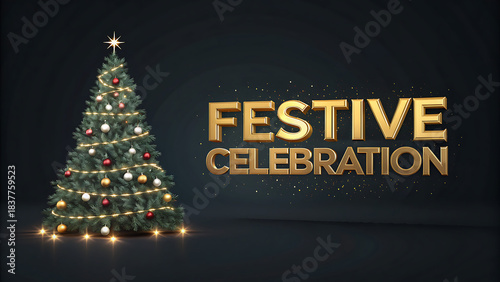 A luxurious graphic with a Christmas tree icon and 3D golden text on a dark background