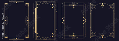 Gatsby style golden frames set with geometric patterns and luxury ornaments. Vintage deco borders design with elegant lines, decorative elements for wedding invitations or 1920s posters and banners.