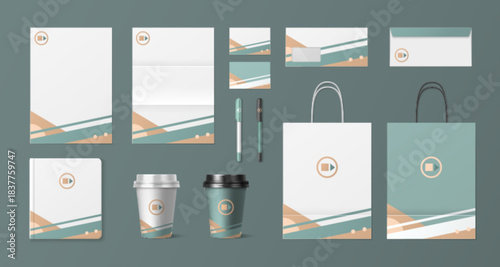 Corporate stationery mockup set with brand design template on business cards and letterheads, envelopes and pens, coffee cups and shopping bag. Professional identity kit for branding presentation.
