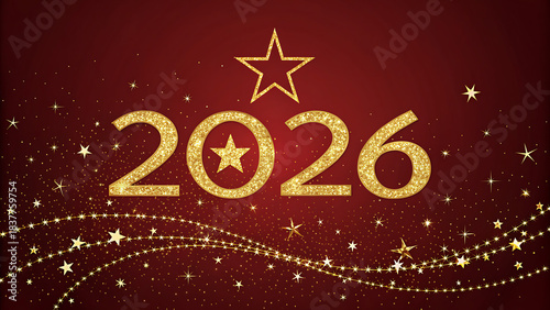 Gold 2026 with sparkle and star for Christmas design on red background