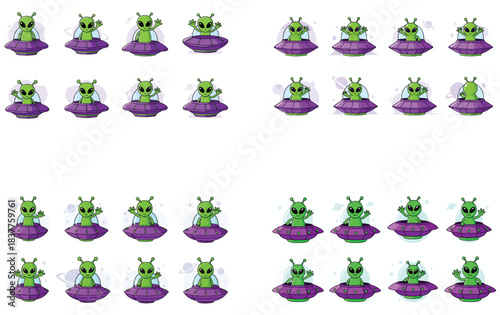 Friendly alien characters waving from flying saucers