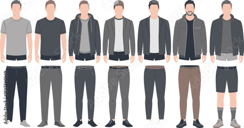Flat Illustration Men's Fashion Outfits, TShirts, Jackets, Pants, Shorts, and Sneakers Collection