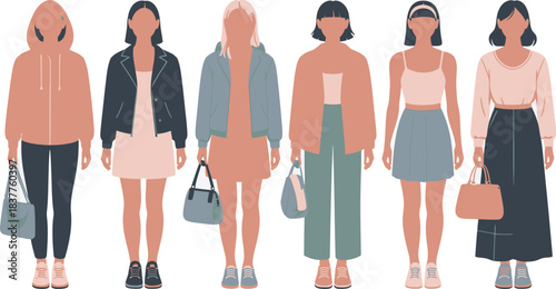 Illustration Diverse Women Fashion, Casual Outfits, Bags and Shoes in Muted Earthy Tones