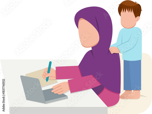 Muslim Mother Working With Son