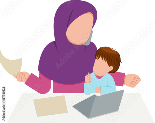 Muslim Mother Working With Son