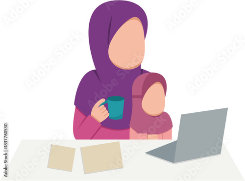 Muslim Mother Working With Daughter