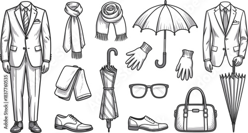 Outlined Men's Fashion Collection Suits, Scarves, Gloves, Umbrellas, Shoes, and Bag Illustration