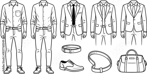Outlined Men's Fashion Shirts, Suits, Belts, Shoes, and a Bag in a Stylized Illustration