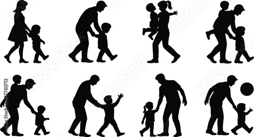 Silhouettes of Parents and Children Walking, Holding Hands, Playing, Carrying and Playing with Ball