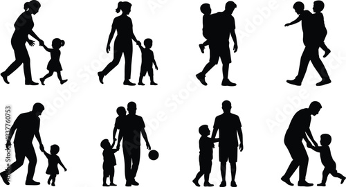 Silhouettes of Parents with Children Mothers and Fathers Holding Hands, Piggyback Rides, Family Time