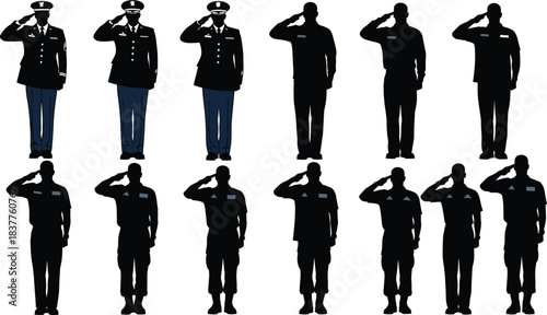 Military uniform progression, saluting personnel vector, formal to casual attire illustration, black and white design, armed forces clipart