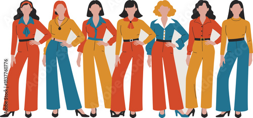 Six Fashionable Women Posing in Retro Outfits with Flare Pants and Vibrant Colors