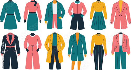 Stylish Women's Outfits Dresses, Skirts, Pants, and Coats in Trendy Colors, Fashion Illustration