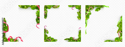 Christmas wreath frames set isolated on transparent background. Vector realistic illustration of xmas card borders and corners with fir tree garland, pink and green ribbons, candy canes and lights
