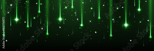 Green tech rain on black background. Vector realistic illustration of neon color light lines and sparkling stars falling down, magic holiday firework, festive shimmering effect, futuristic technology